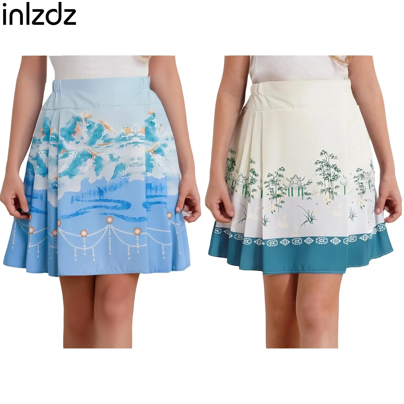 

Girls Chinese Style Horse-Face Skirt Elastic Waistband A-Line Printed Pleated Skirts Traditional Clothing for Halloween Party