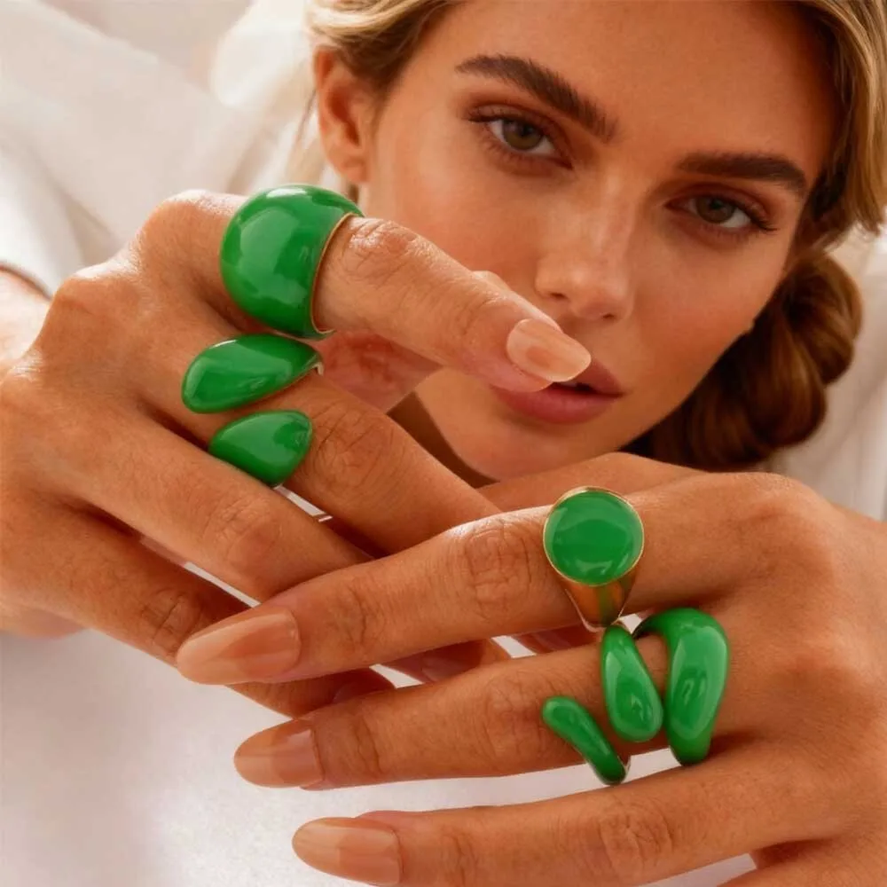 

Irregular Geometric Wave-shaped Ring, Green Color Stackable Chunky Jewelry, Statement Dome Thick Rings