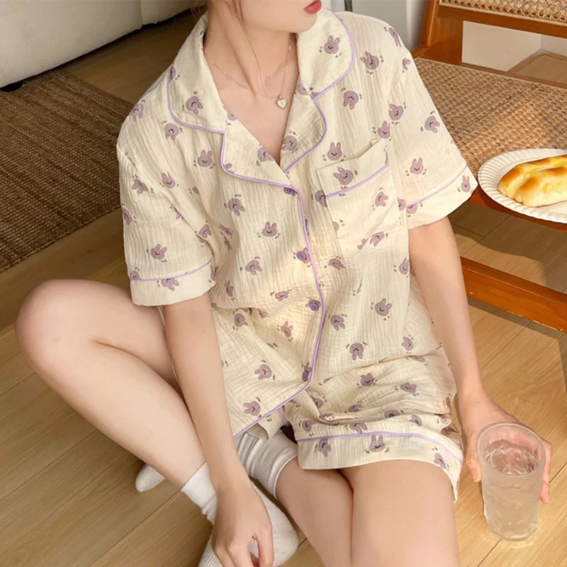 Summer Pajamas Homewear Suit Women Cartoon Summer Girls Cute Short-Sleeved Shorts Woven Bubble Cotton Loose Pajamas Homewear