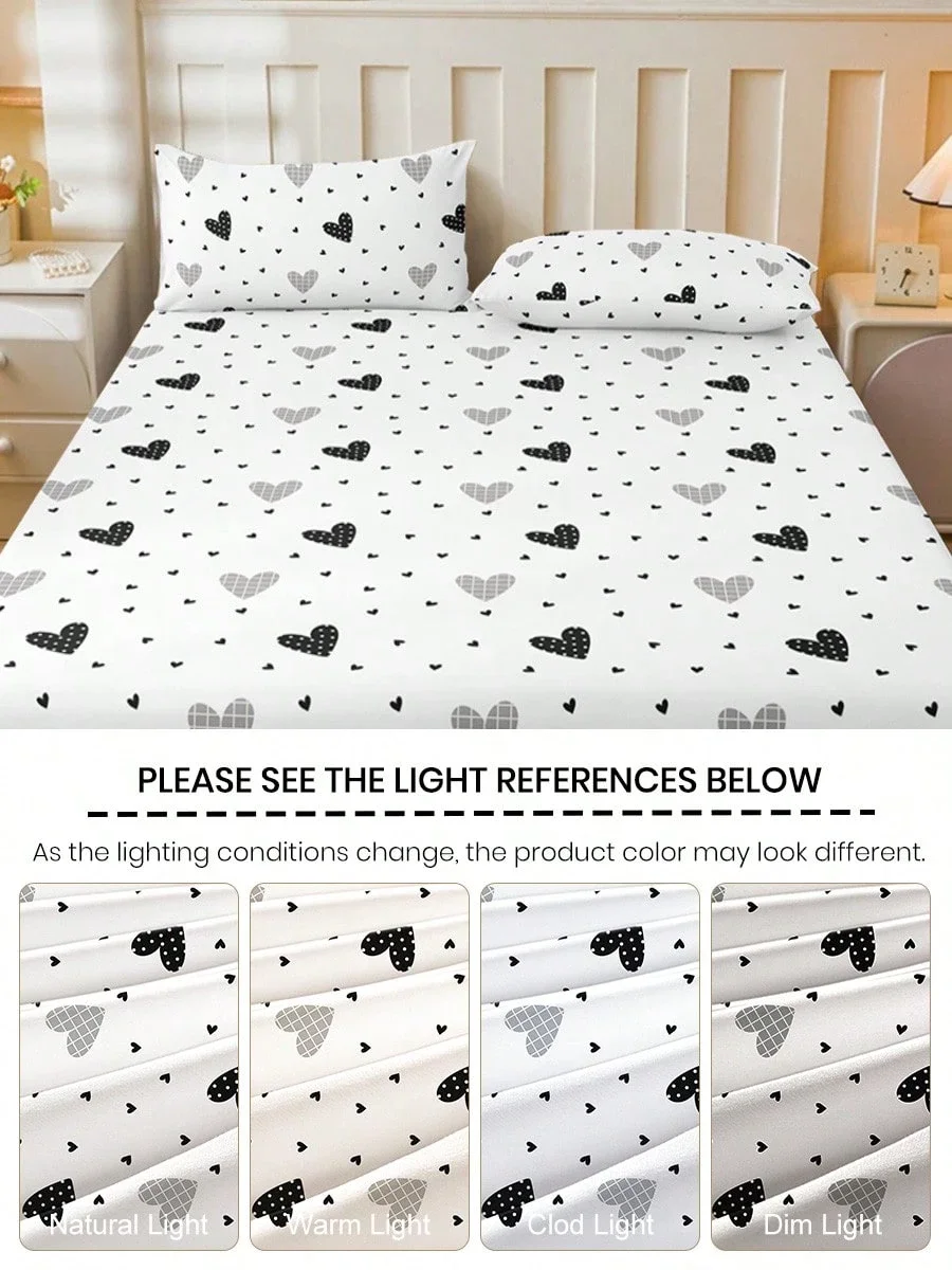 1 Simple modern Flat Sheet Black And White Hearts Geometry Print Soft Fitted Sheet With 2Pillowcases Gifts For Girls Room Decor