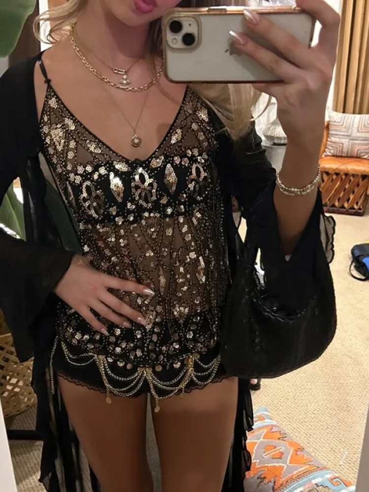 

Сексуальные топы на бретелях с блестками и бисером, женские блестящие топы без рукавов с открытой спиной и рюшами, плиссированные вечерние укороченные слинги, лето 20225, шикарная уличная одежда для женщин