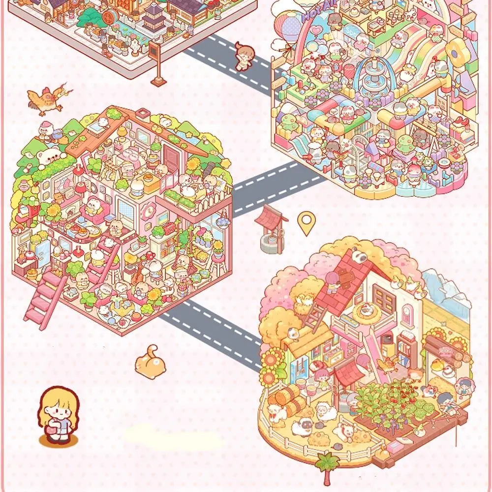 Kawaii PET Miniature Scene Collection Cartoon DIY 3D Pocket Cabin Scene Stickers Visual Stacking 3D Landscape Sticker Book
