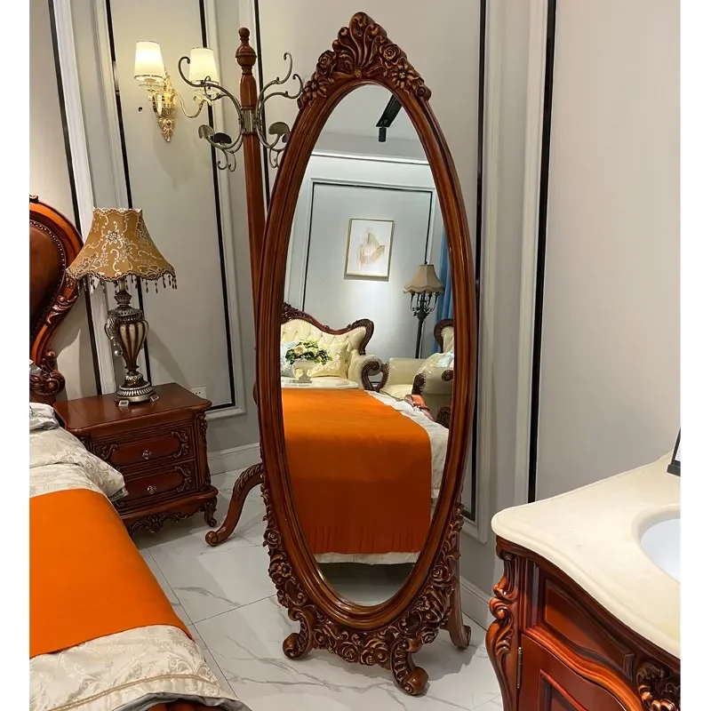 Bedroom luxury full solid wood carving flower floor mirror full-length mirror changing mirror