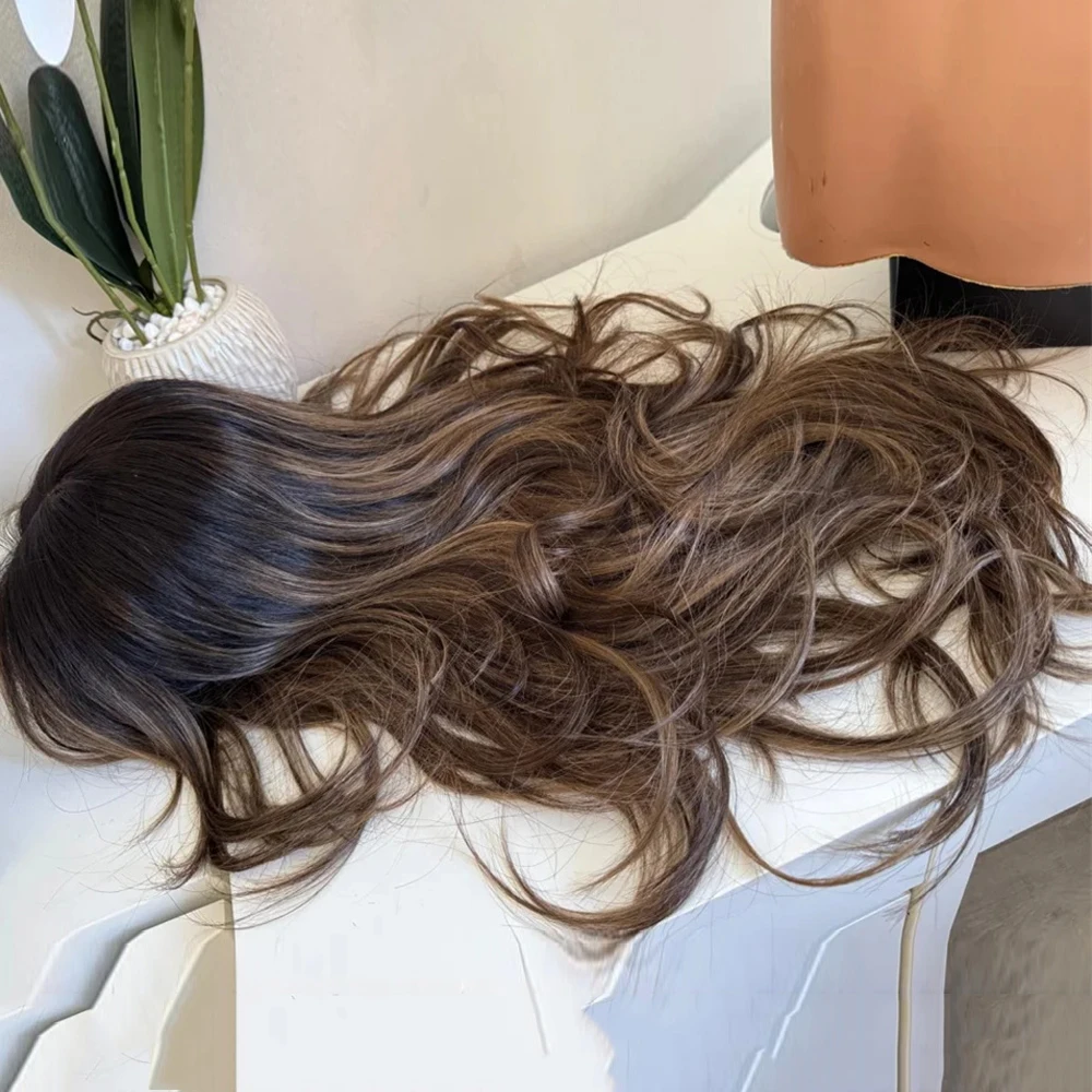 Klebefreie Frontal-Lace-Perücke Dunkelbraun mit blonden Highlights Hitzebeständige Synthetikfaser Brünette Body Wave Top-Verkaufsperücke für Frauen