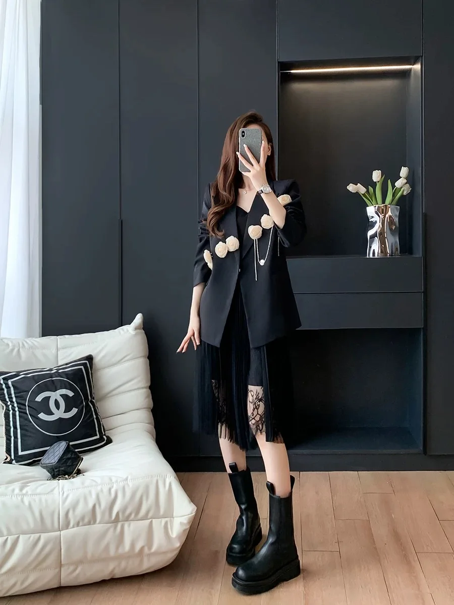 

Trendy Luxury Senior Women Blazer Coat Party Dinner Banquets Date Jackets Lady Charming 3D Flower Sexy Blazers Chain Winter Coat