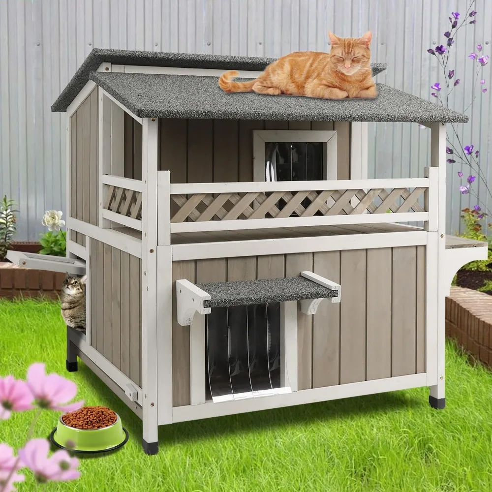 

Large Outdoor Cat House Weatherproof with Balcony 2-Story Feral Cats Shelter Indoor Cat Condo with Escape Door & Openable Asphal