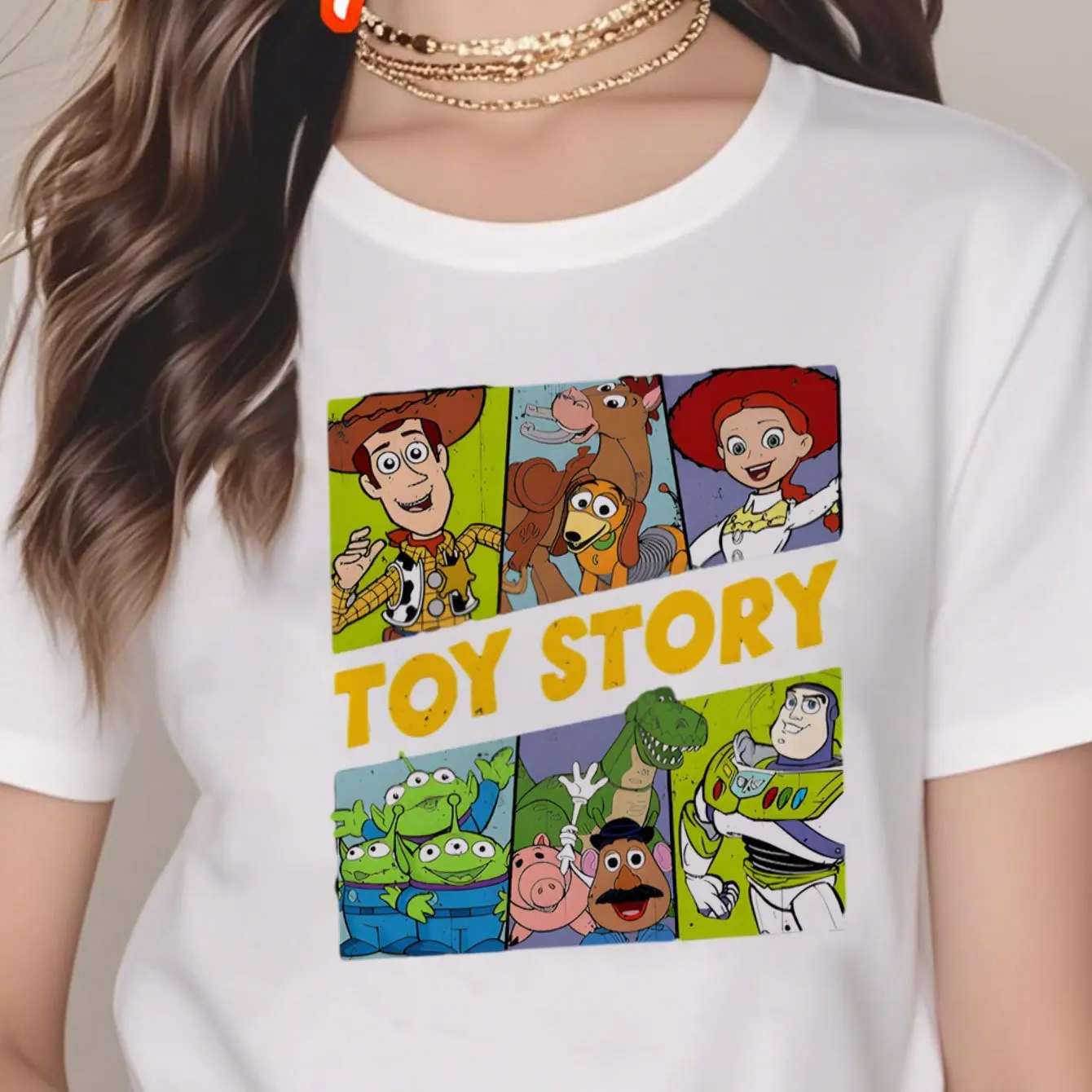 Disney Toy Story Charaktere Print Grafik-T-Shirt für Damen – süßes Sommer-T-Shirt, lockere Freizeit-Passform, Größen S~XXL, 100 % Baumwolle Disney