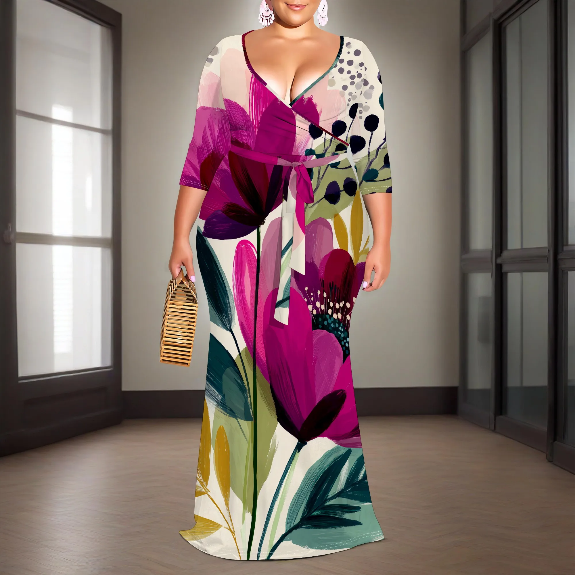 

Magenta Floral Wrap Maxi Dress XL-6XL V-Neck 3/4 Sleeve Belted Style for Mother's Day, Garden Wedding or Art Brunch Look