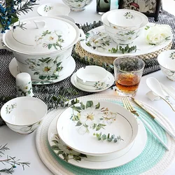 Bone China Dinnerware, Household Ceramic Rice Bowl, Deep Dishes, Soup Pots, Steak Flat Plate, Delicate Floral Tableware