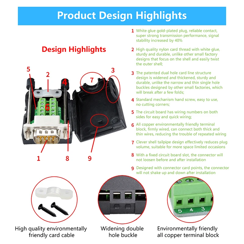 HOT DB9 Serial Adapter RS232/485/422 Connector Male Female 9 Pin Breakout Terminals COM Connector 21-24 AWG Wire Solderless