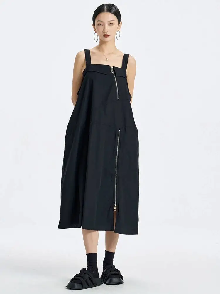 Women Black Zipper Irregular Big Size Midi Strap Dress New Square Sleeveless Fashion Tide Spring Autumn