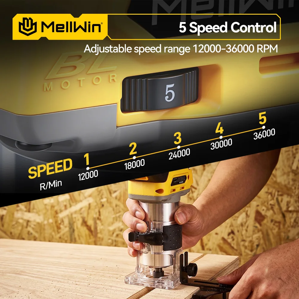 MELLWIN Brushless Wood Router 5 Speeds Palm Cordless Electric Trimmer Wood Trimming Engraving Slotting for Makita 18V Battery Pin - Image 3