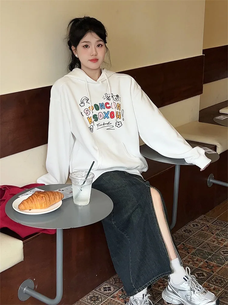 

Cartoon Color Block Letter Print Hoodie Women's Loose Long Sleeve Top Autumn Winter New Style American Lazy Fashion Streetwear