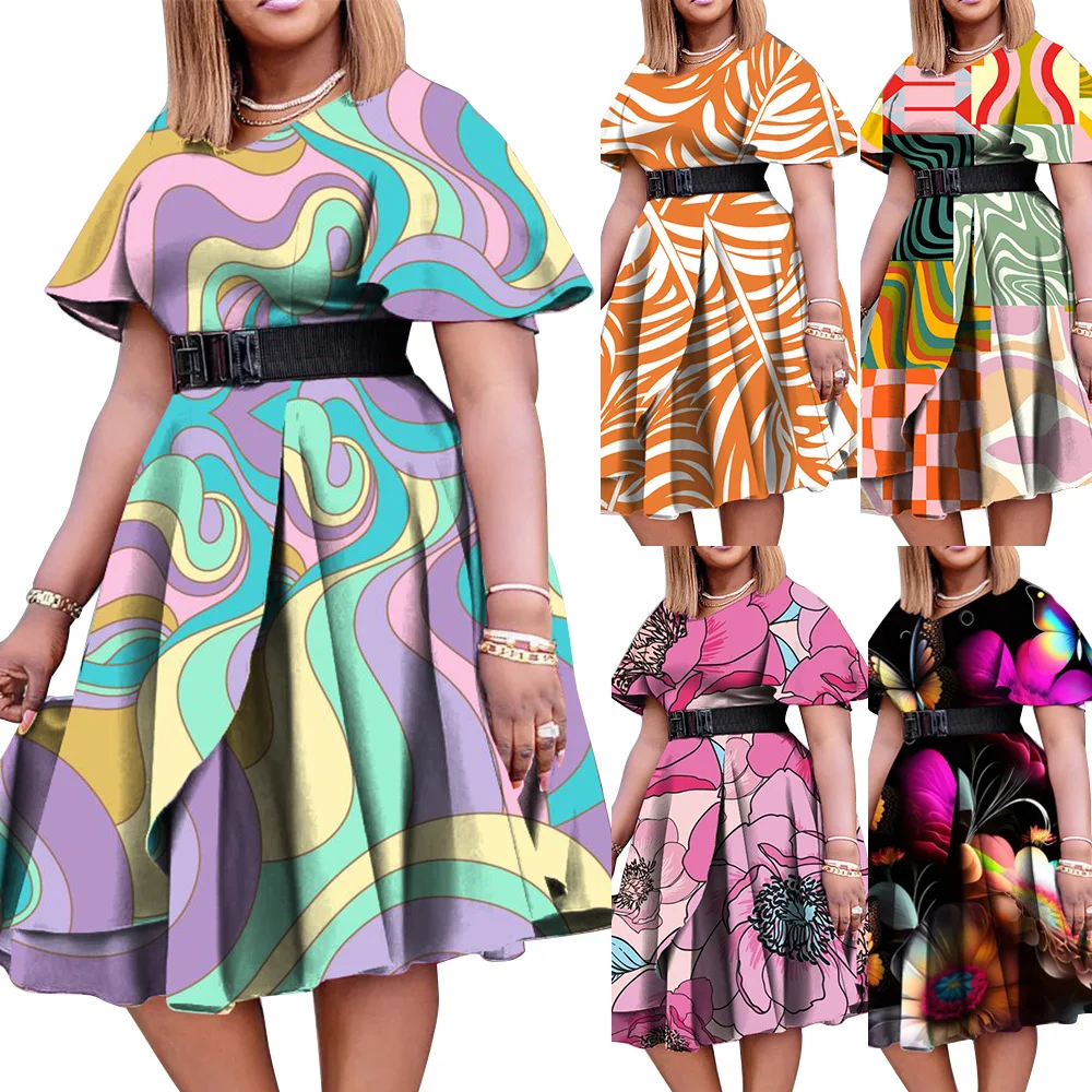 

2026 Women's Fashion Short Sleeve Belted Waist Abstract Print Irregular Dress Elegant Slimming All-match Commute Vacation Dress