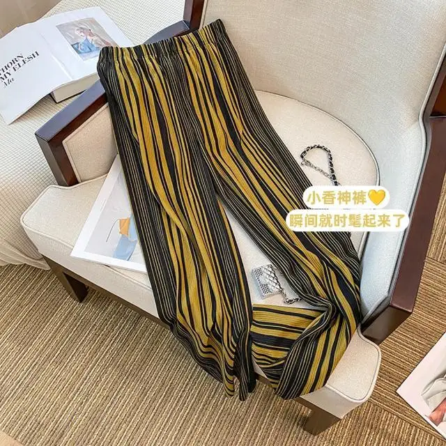 High Waist Straight Leg Casual Pants Women Loose Wide Leg Trousers With Pleated Striped Design