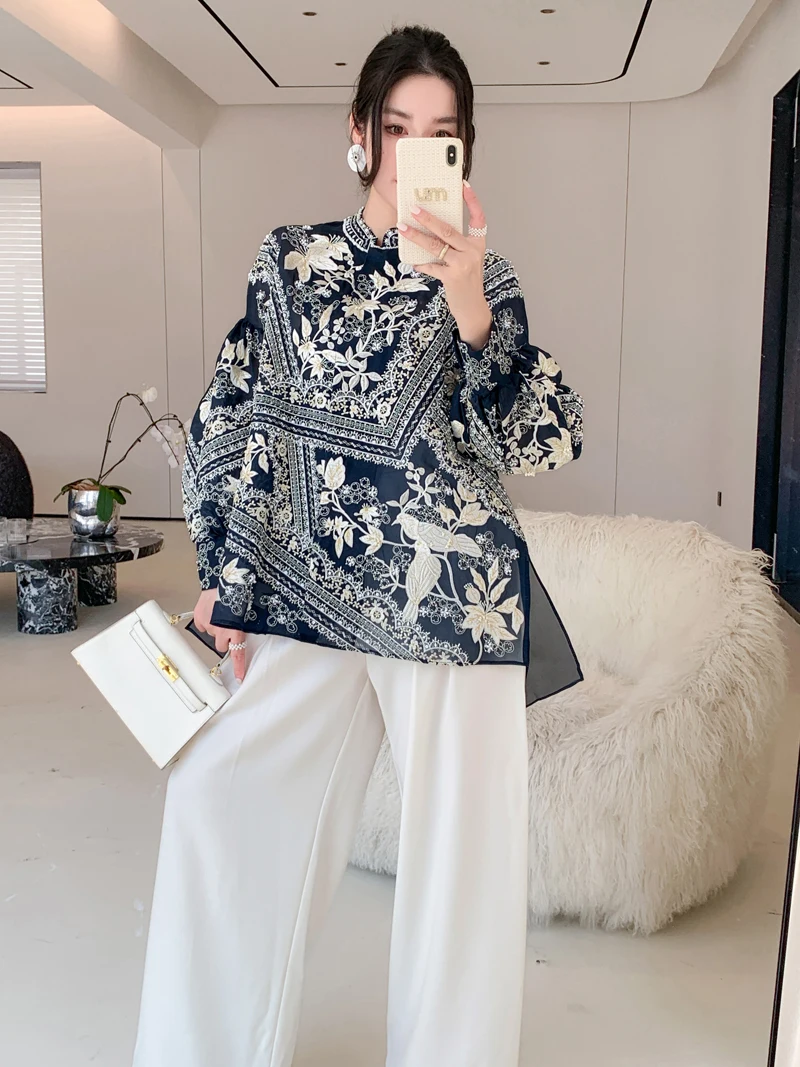 

Luxury Beading Embroidered Women's Shirt Lantern Sleeve Fashion Loose Vintage Dark Blue Silk Organza Top