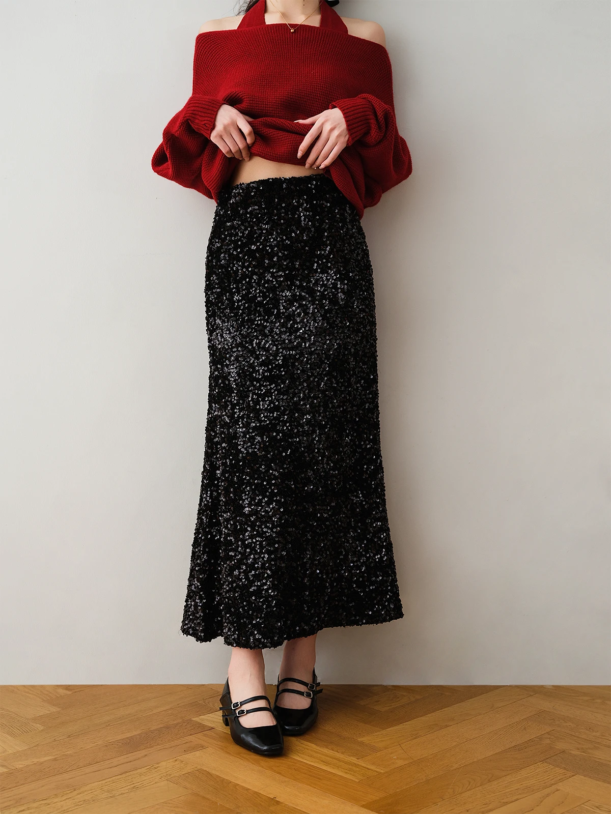 

Юбка миди Ronron Little Fraance с пайетками, эластичным поясом, облегающим кроем, легкая, из полиэфирного волокна