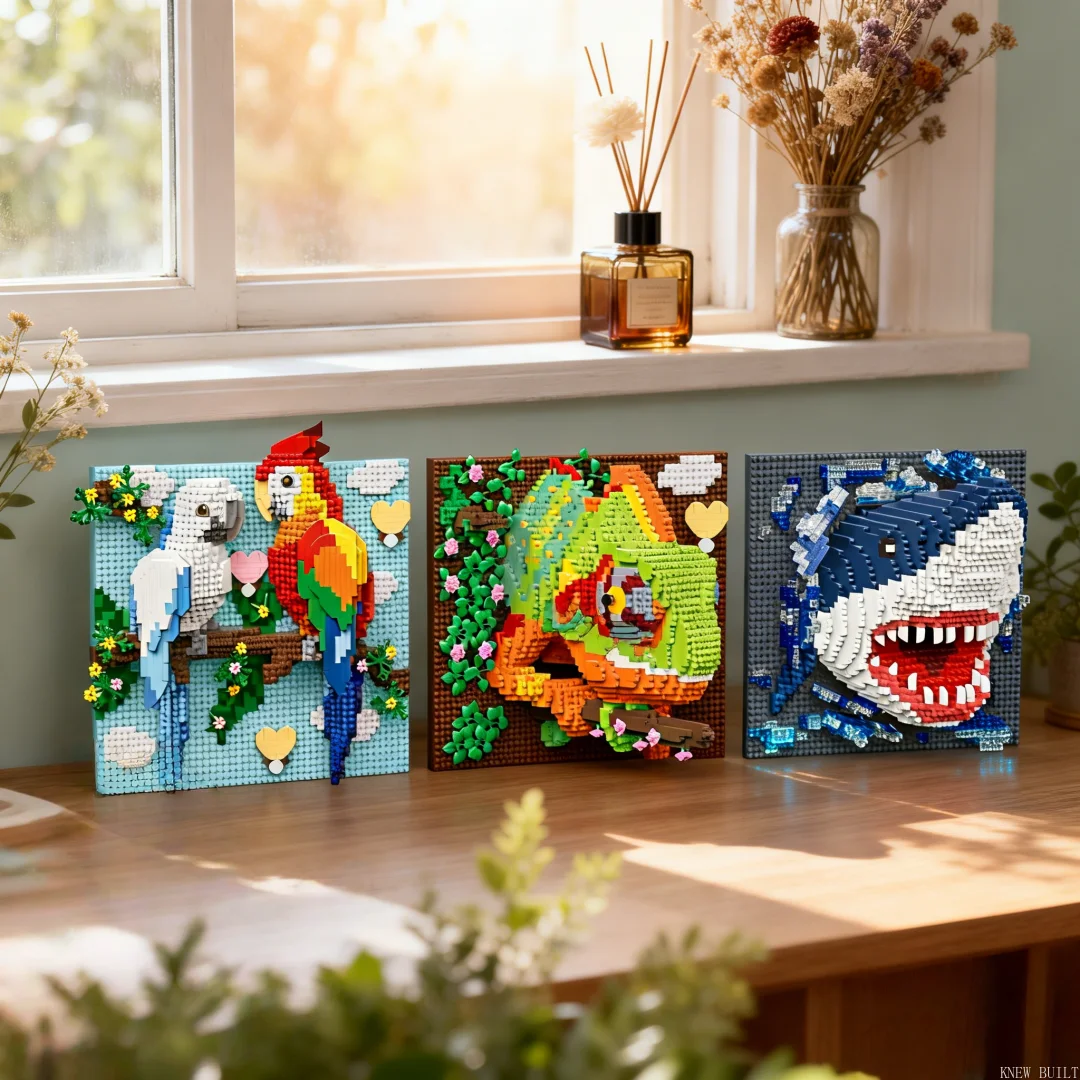 

3D Animal Mural Micro Building Blocks Toy–Chameleon Parrot Shark Eagle Wall Art & Desk Decor,DIY Creative Puzzle Birthday Gift