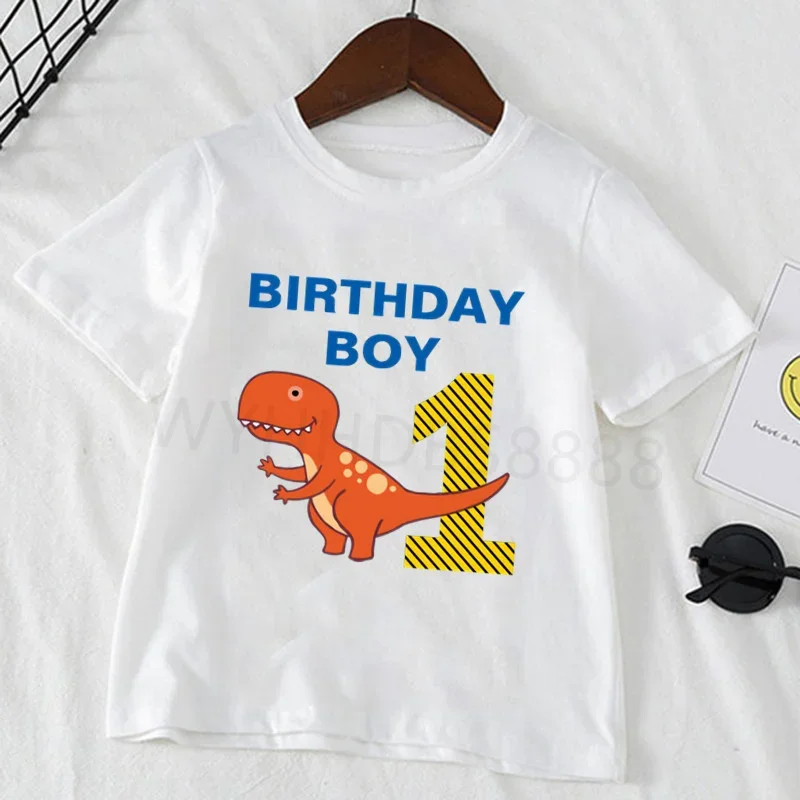 

24M-8T Kids Cute Dinosaur Cartoon Birthday Number White T Shirt Boys and Girls Summer Dino Top Birthday Gift