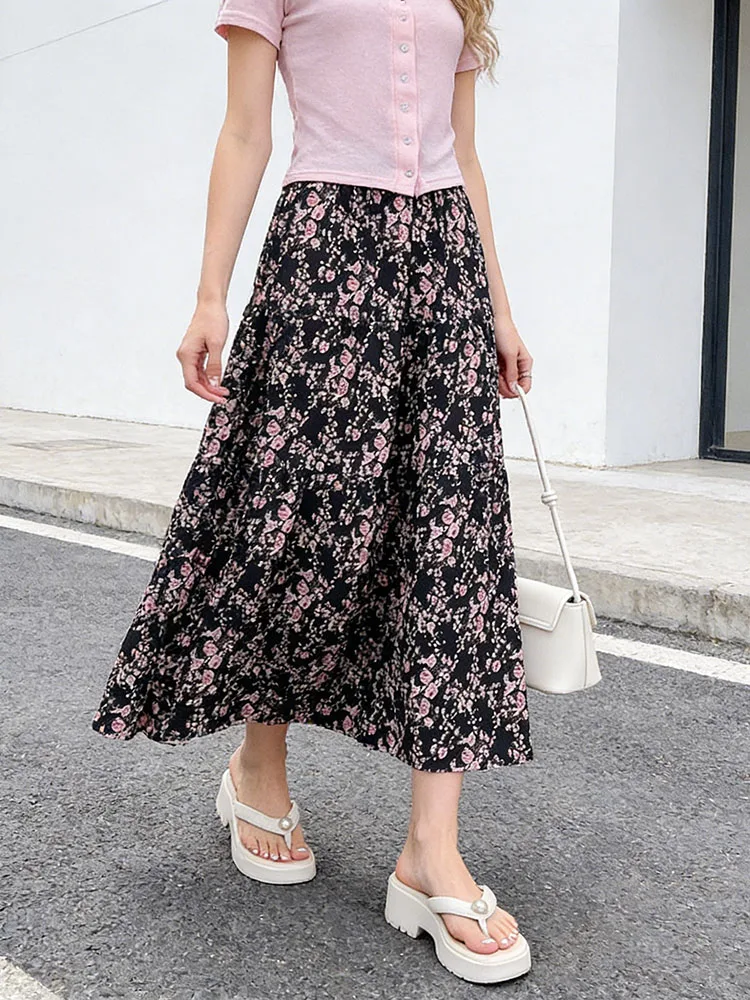 Women's Boho Floral Print Midi Skirt Summer High Waist A-Line Beach Skirt for Vacation Bohemian
