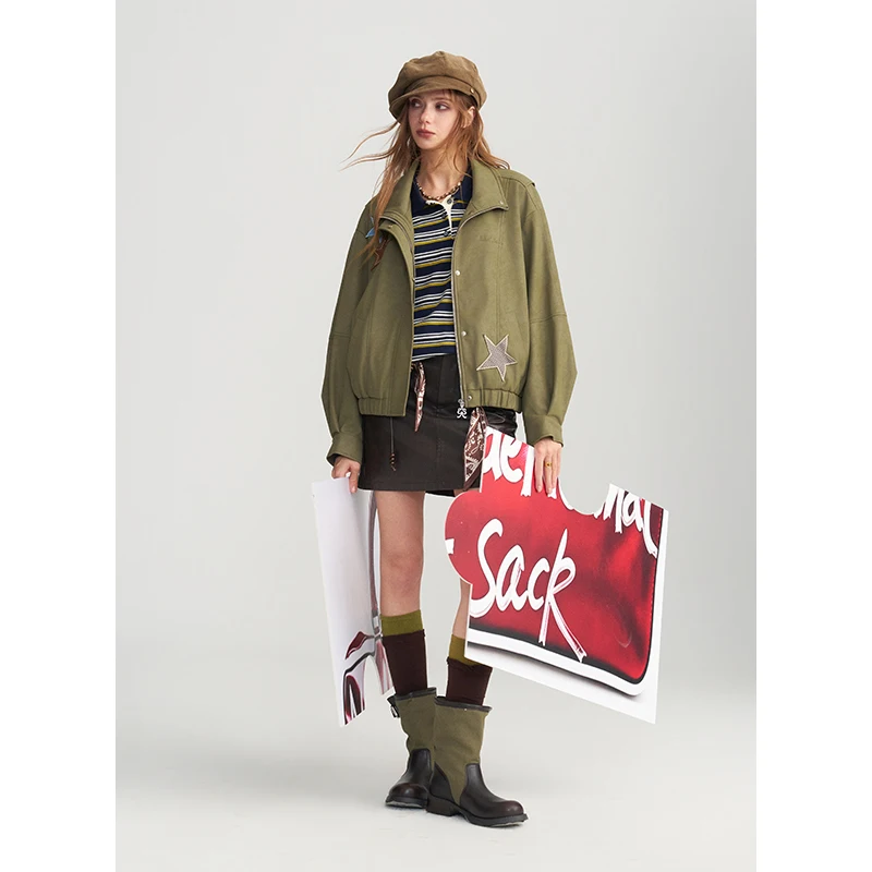 ELFSACK Women Vintage Oversized Faux Leather Jacket with Star Patch, Zip‑Up Loose Outerwear Daily Wear