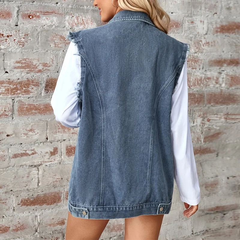 Benuynffy Raw Trim Washed Denim Vest Women Spring Fall Single Breasted Oversize Sleeveless Vest Jacket Pockets Casual Outerwear