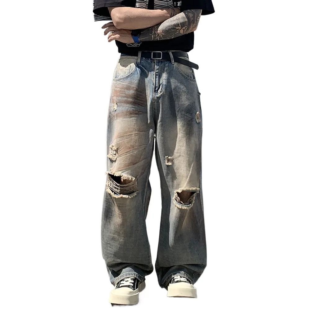 

Men's Vibe Styler Hip Hop Jeans Pants Fashion High Streetwear Destroyed Denim Trousers Loose Fit Y2K Washed Vintage Ripped Jeans