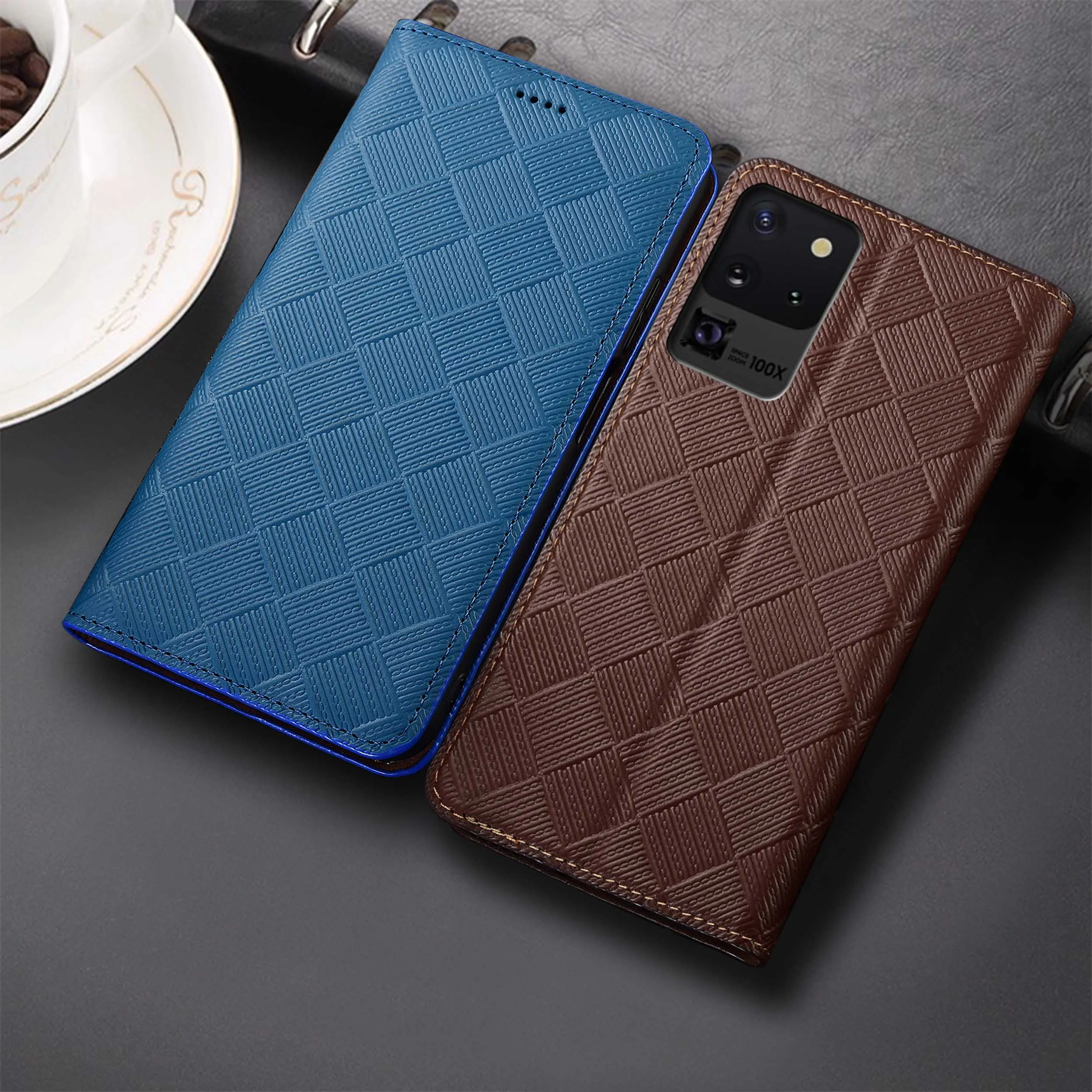

For Samsung Galaxy S6 S7 S8 S9 S10 S10E S20 4G 5G Lite Plus Ultra FE Knit Pattern Genuine Leather Flip Phone Cover Case Non-Slip