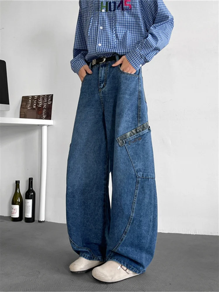 

American Design Sense Spliced Knife Jeans Loose Wide Leg Floor Length Trousers for Men And Women Casual Straight Cut