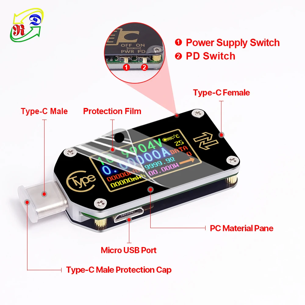 電圧計Tc66c,USB,iOS,Android,type-c,pd,電圧計,2ウェイ,電流計,容量バッテリーテスター用