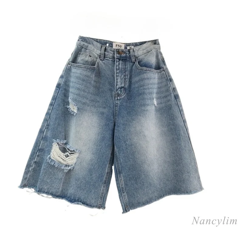 

Korean Fashion Brand Cropped Jeans for Women, High-waisted Slimming Loose Straight-leg Distressed Denim Capri Pants, Versatile