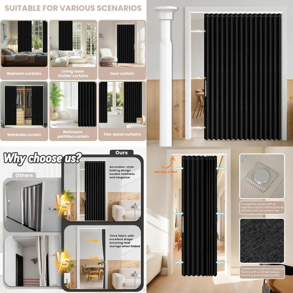 

Затемняющие шторы для раздвижных дверей, магнитная застежка, 74x78, черные со стержнем в комплекте