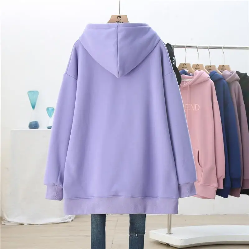 Autumn and Winter Women's Solid Color Pullover Hooded Long Sleeve Plush Loose Fit Comfortable Casual Fashion Commuter Tops