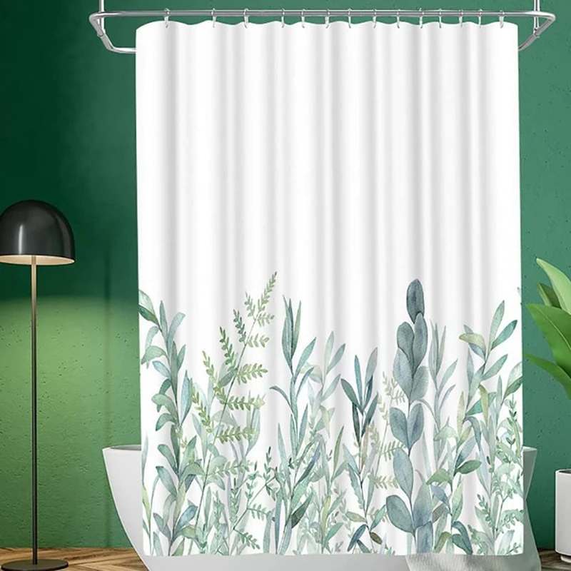 Inyahome Botanical Farmhouse Spring Green Leaves Shower Curtain Leaf Watercolor Floral Plant Pattern Decorative Bath Curtain