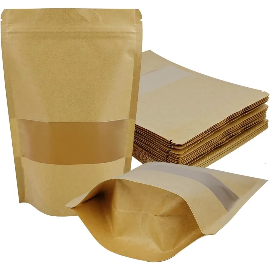30 Pcs Kraft Paper Bags With Window 3.5 x 5.5 Ihes Sealable Treat Pouches Food Storage Stand Up Zip Lock for Scks Coffee Spices
