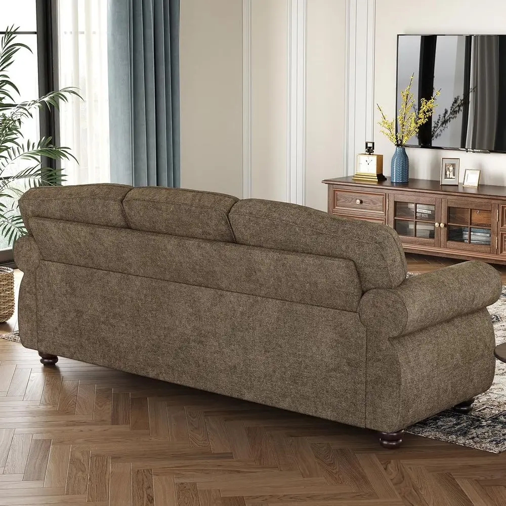 90 أريكة شانيل 3 مقاعد مع 23 مقعدًا عميقًا، أذرع ملفوفة، أرجل خشبية، طراز تقليدي، بني