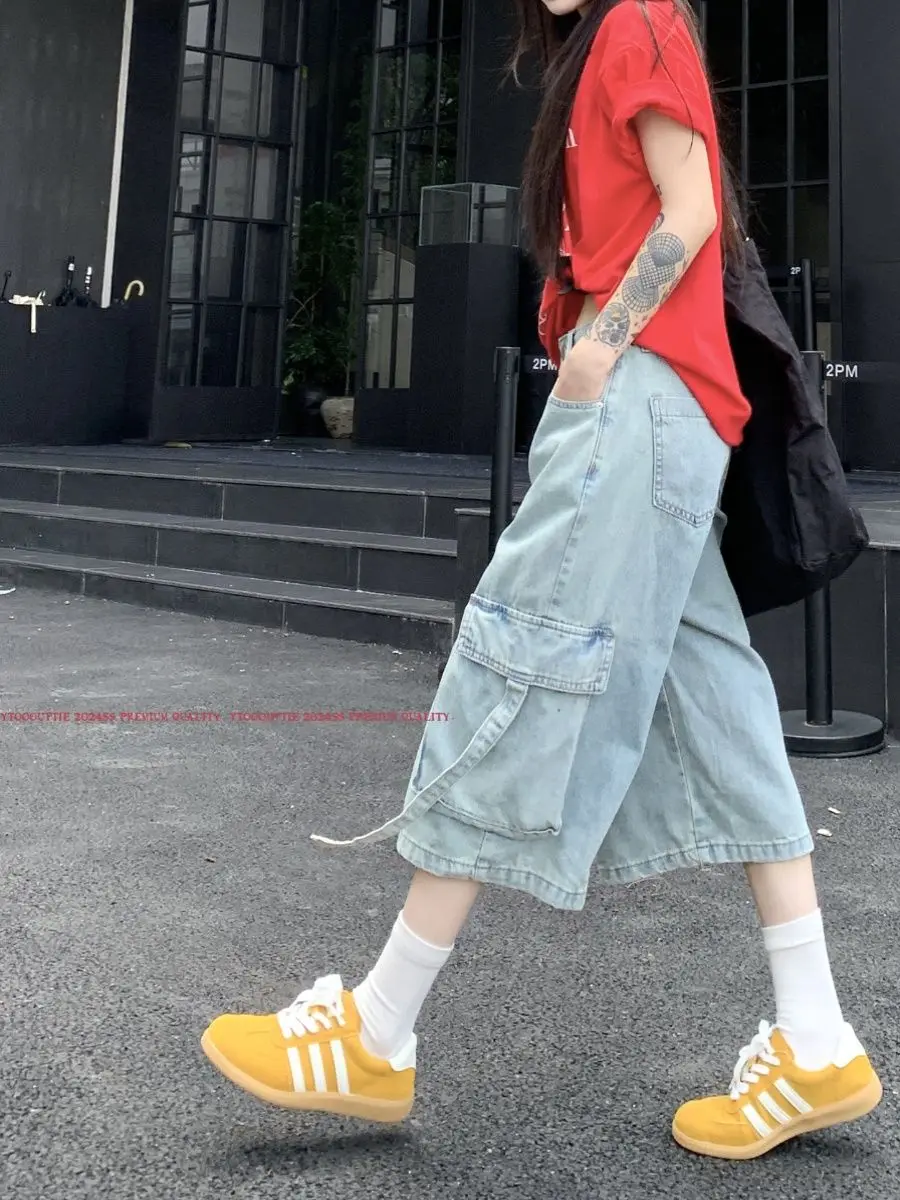 Cargo Pants Pocket White High-Waisted American Retro High Street Jeans Women'S Summer Loose Wide-Leg Pants Three-Quarter Pants