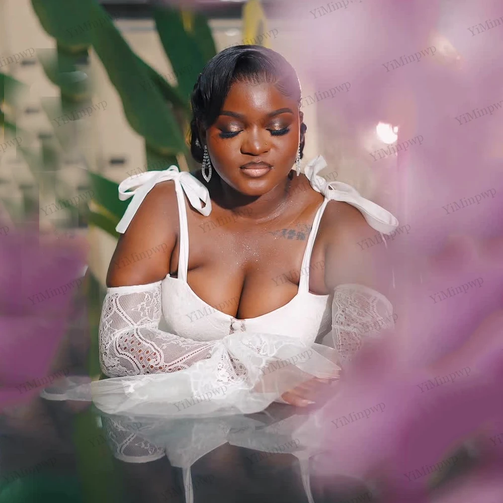 الدانتيل العروس الجلباب الزفاف الفاخرة السباغيتي الأشرطة طويلة الأكمام عالية منخفضة الزفاف الأفريقي الجلباب الزفاف لالتقاط الصور حسب الطلب #3