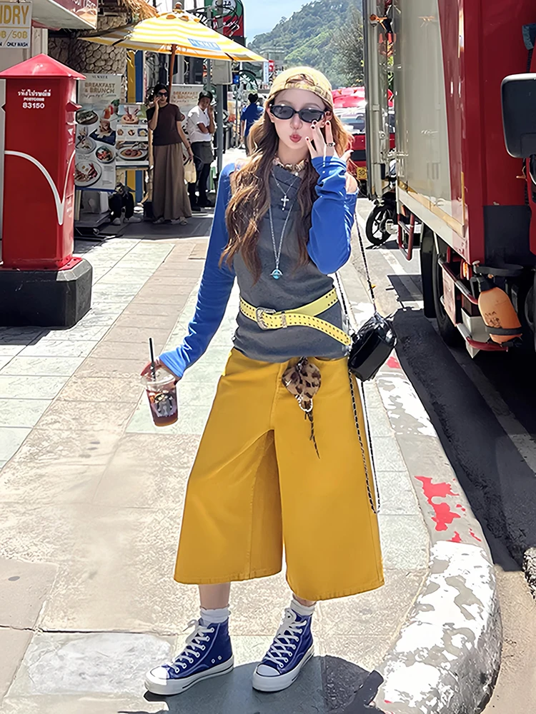 ReddaChic Women's Baggy Jean Jorts Lounge Simple Colorful Denim Straight Wide Leg Bermuda Short Pants Korean Retro Everyday Wear view 5