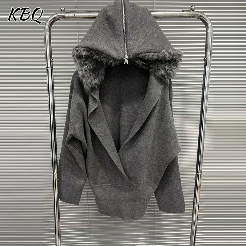 

KBQ Solid Spliced Feather Chic Loose Jackets for Women Hooded Colalr Long Sleeve Temperament Casual Coat Female Fashion Style