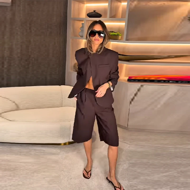 

Women's Casual Brown Lapel Collar Blazer Coat Fashion Long Sleeve Pocket Female Jacket 2026 Spring Autumn Lady Office Streetwear