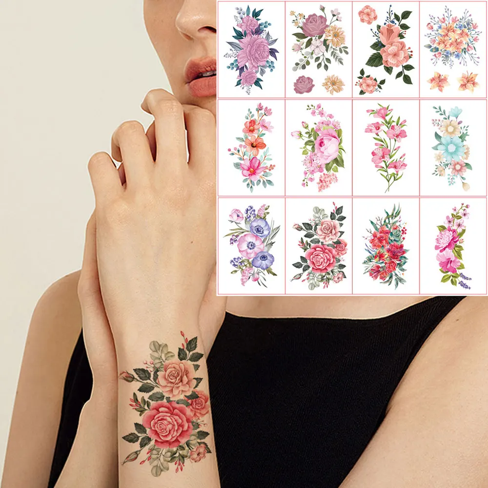 12Pcs Color Flower Tattoo Stickers for Women Hand Arm Chest Body Art Waterproof Temporary Tattoos Disposable Floral Fake Tattoo