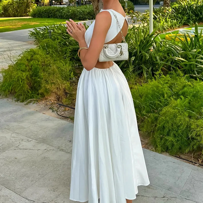 

Sexy Backless White Dress Women Slim Sleeveless Swing A-Line Maxi Halter Dress 2024 Summer Casual Party Robes Vestidos