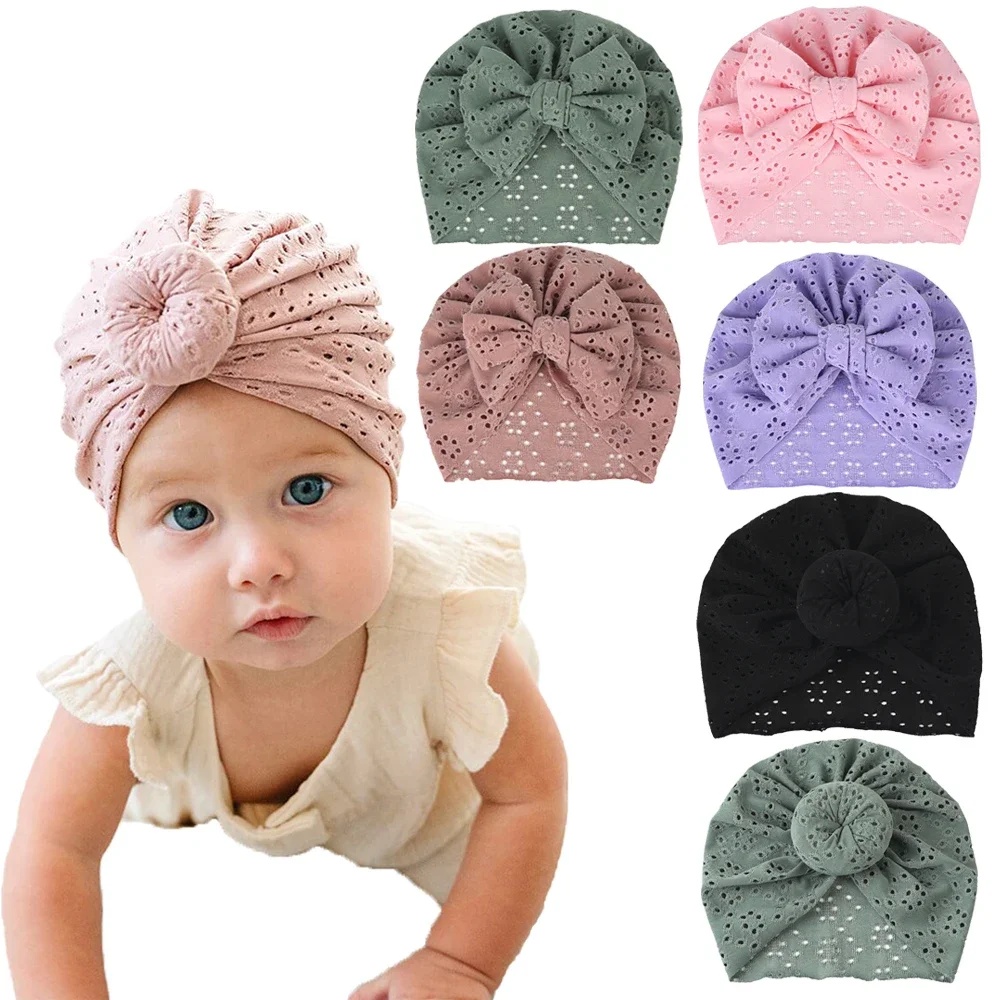 Cute Bow Baby Turban Hat Soft Elastic Kids Beanie Spring Summer Breathable Solid Color Baby Girl Bonnet Hats for Newborn Infant