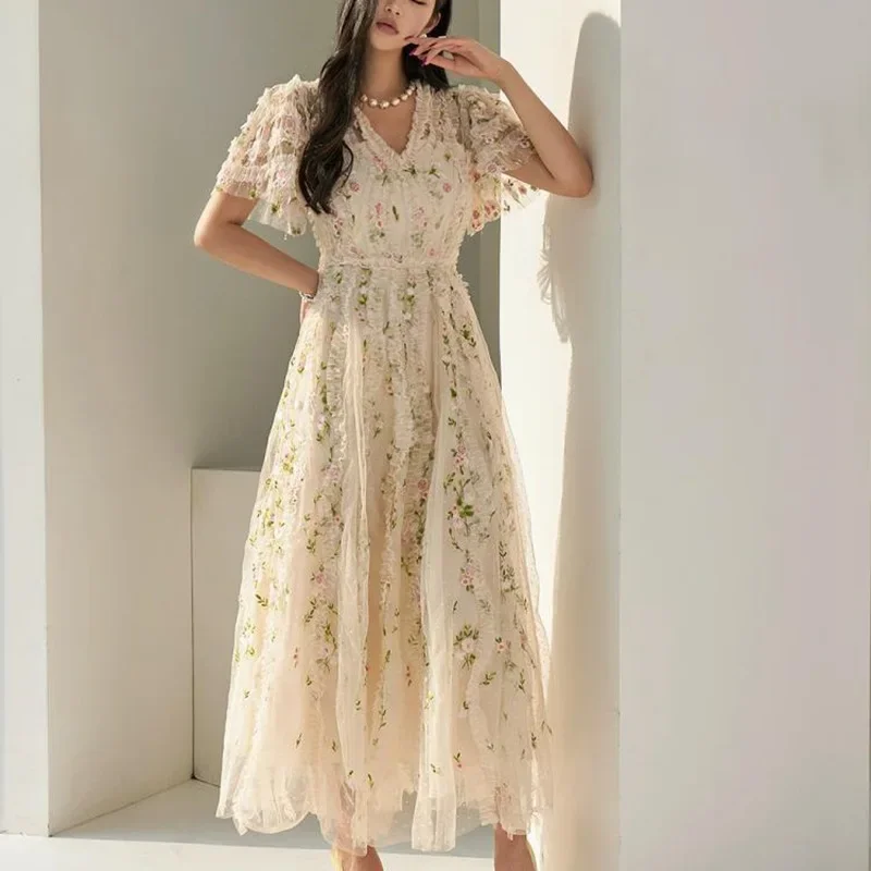 

2024Summer New Embroidered Flower V-Neck Lotus Leaf Sleeves Waist Fold Wood Ear Edge Soft Mesh Flare Elegant Long Dress dresses