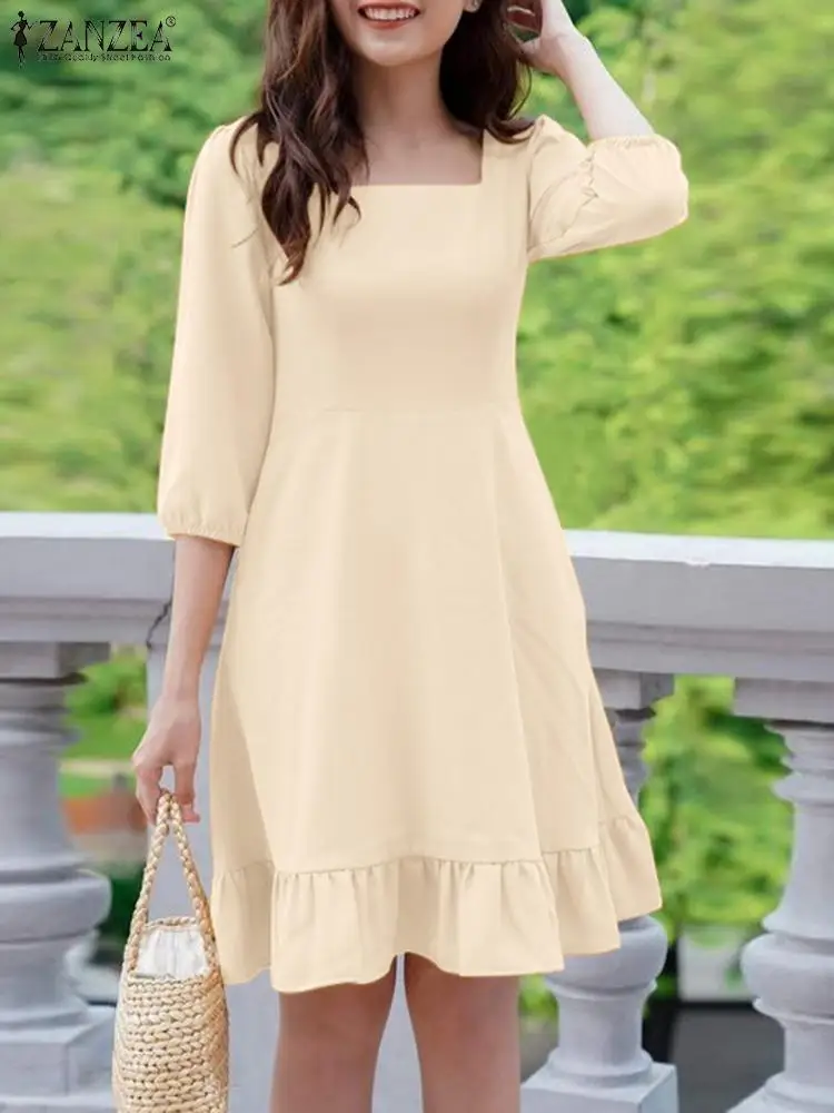 

ZANZEA Women Ruffles Vestido Holiday Knee-length Robe 2024 Spring 3/4 Puff Sleeve Dress Elegant Square Collar Solid A-line Dress