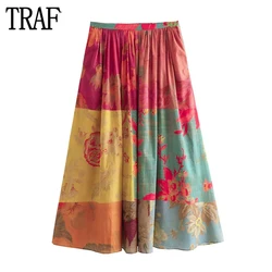 TRAF Print Pleated Skirt Women High Waist Midi Skirts for Women Summer Beach Long Skirt Woman Streetwear Boho Women's Skirts