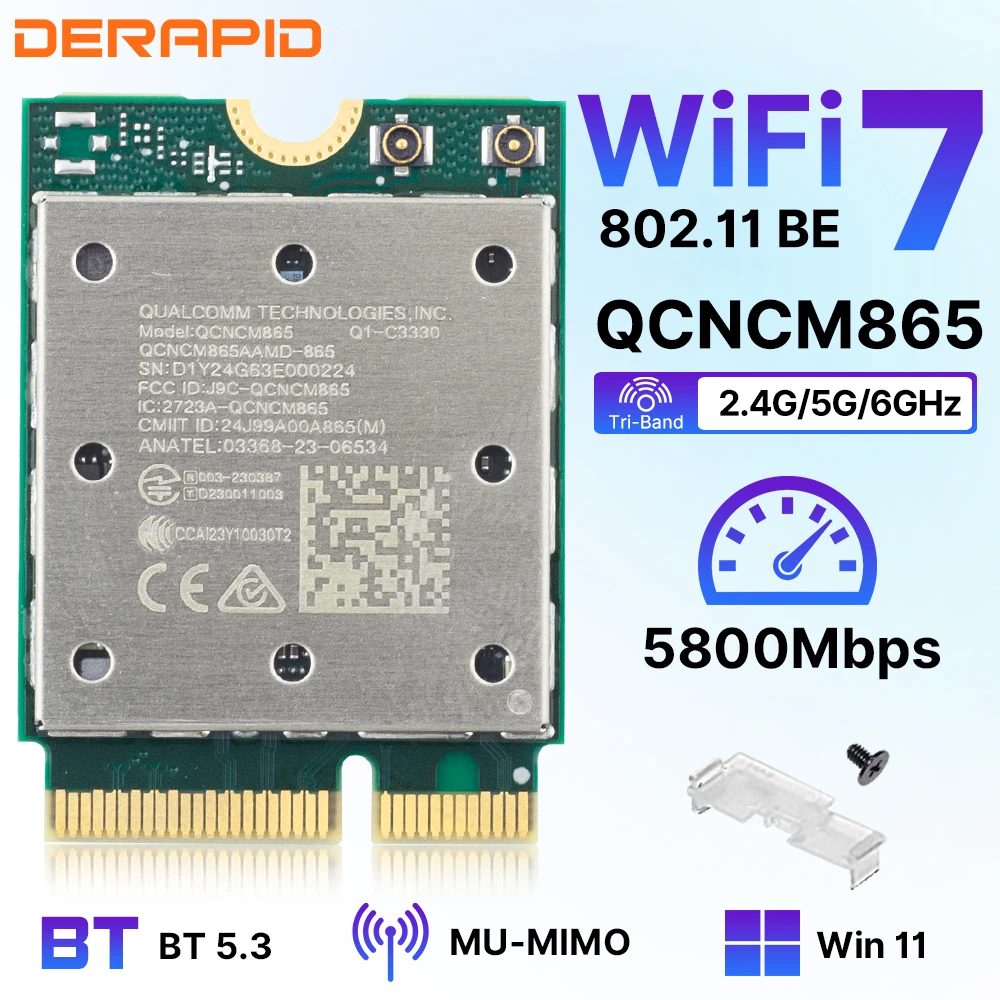 WiFi7 QCNCM865 Wireless 2.4Gbps Tri Band WiF Bluetooth 5.3 Wireless Wi-Fi 6E For 802.11BE M.2 NGFF Wlan WiFi Card Only For Win11