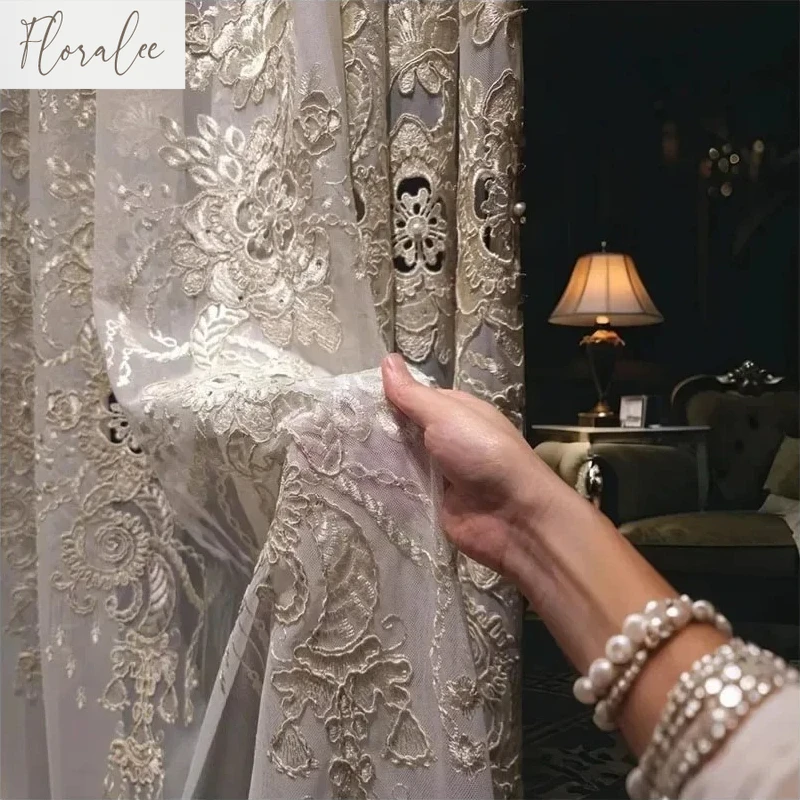 Custom  Size！！European Luxury Embroidered tulle Hollow sheer Curtains for Living Dining Room Bedroom Jacquard White Decor