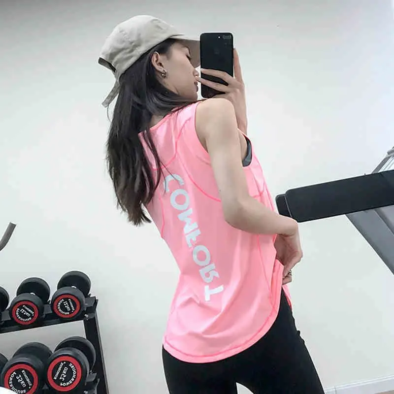 

Summer Women's Vest Quick-Drying Gym Clothes Yoga Tops T-Shirt Loose Sleeveless Letter Long Outer Wear Running Sports Blouses